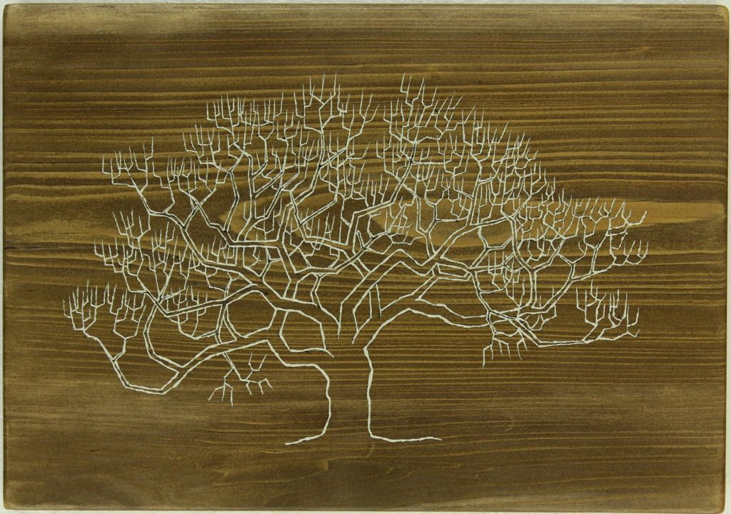 Tree #2: Lacquer on Oiled Cypress, 11 1/2″ x 16"